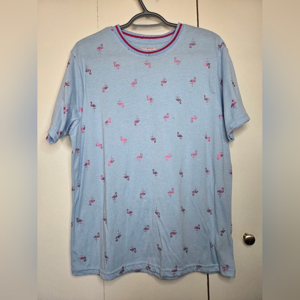 Drill Clothing Men's L Casual Blue Tee with Flamingo Pattern and Pink Trim